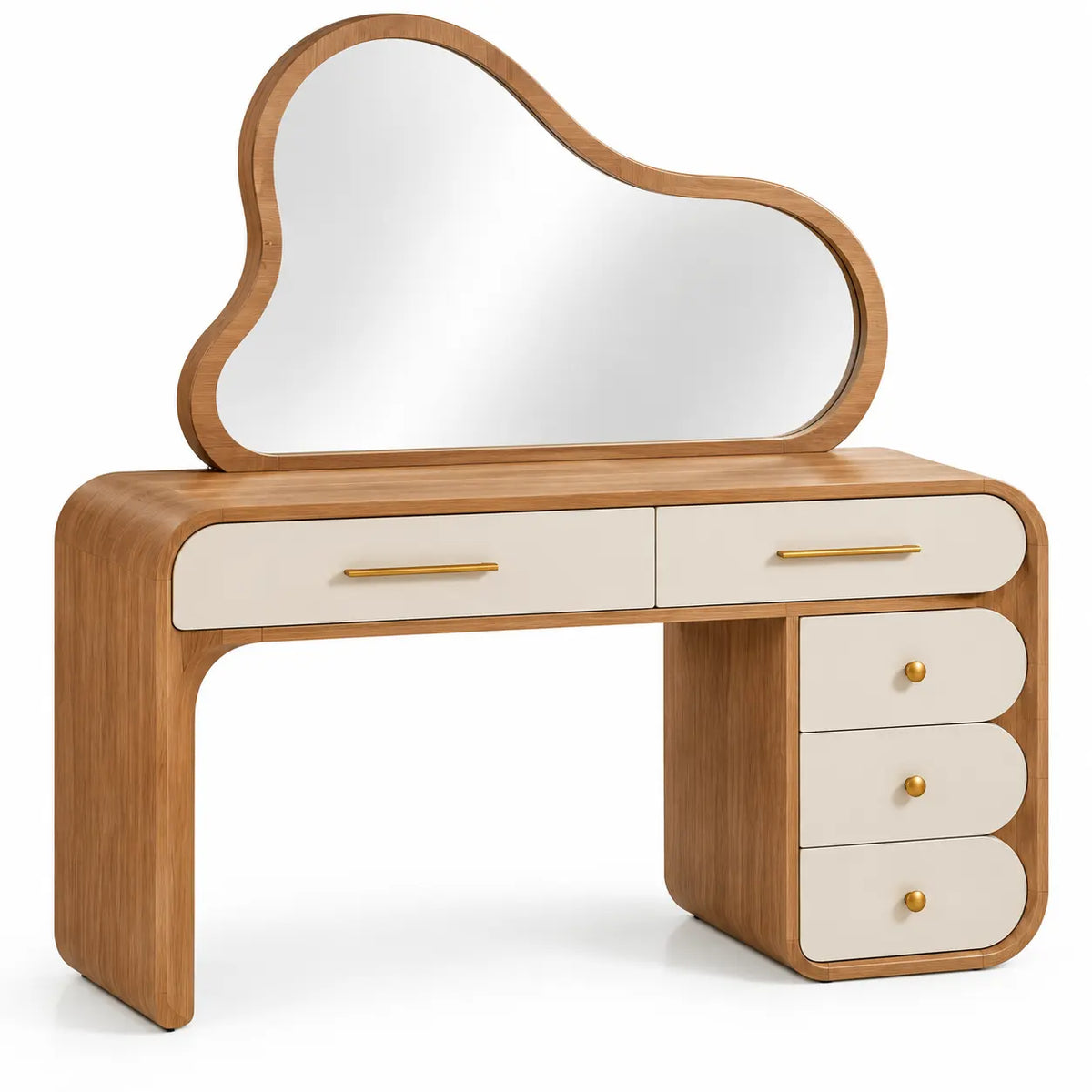 Coiffeuse beige et blanc cassé à miroir asymétrique et tiroirs
