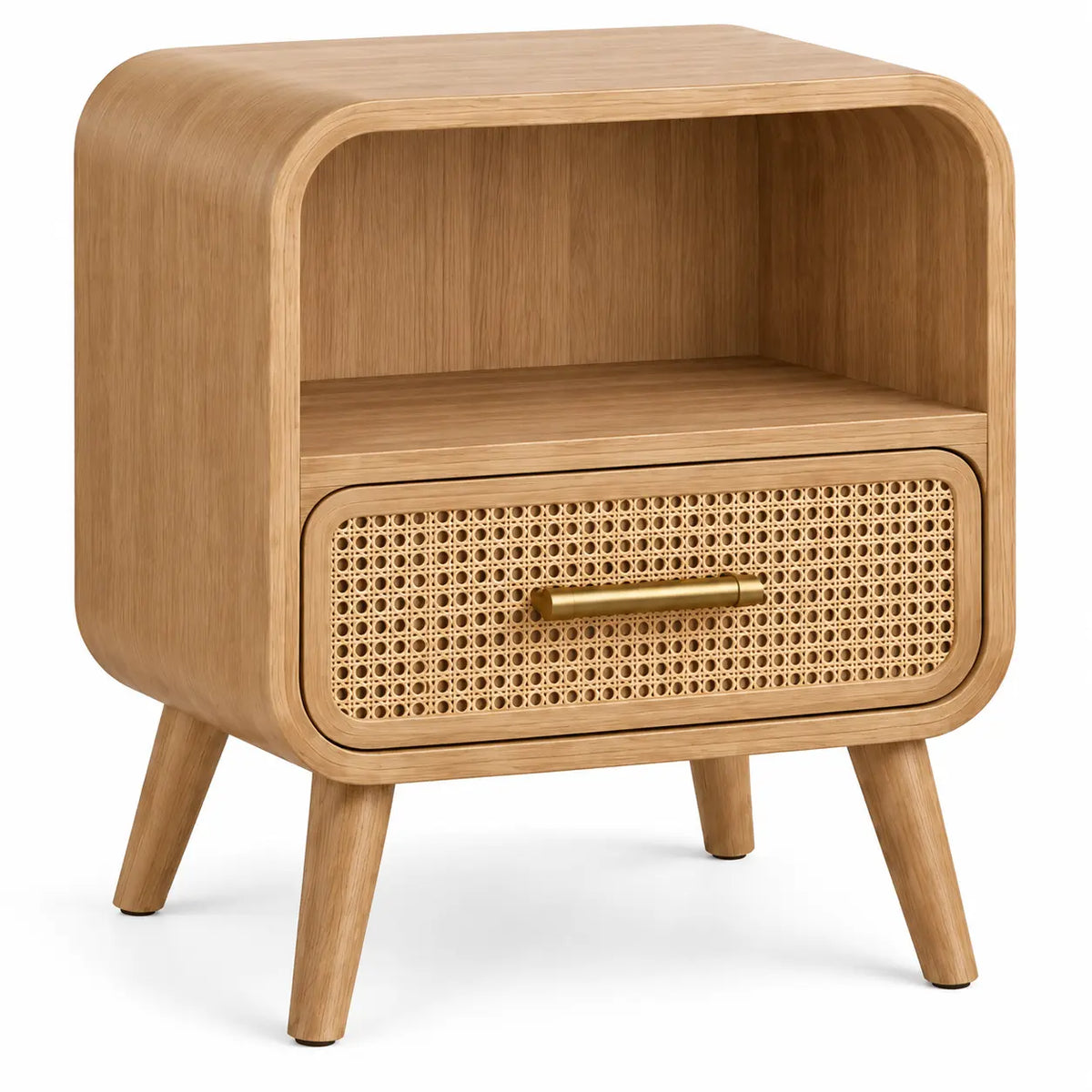 Table de chevet beige arrondie avec niche et tiroir ajouré