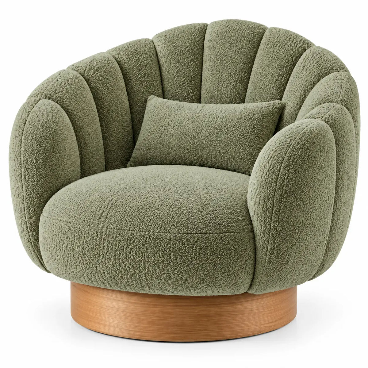 Fauteuil rond vert à dossier nervuré et socle beige
