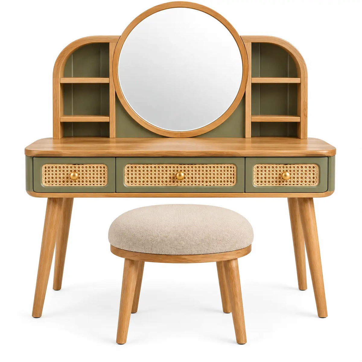 Coiffeuse verte et beige avec miroir rond, niches et tabouret
