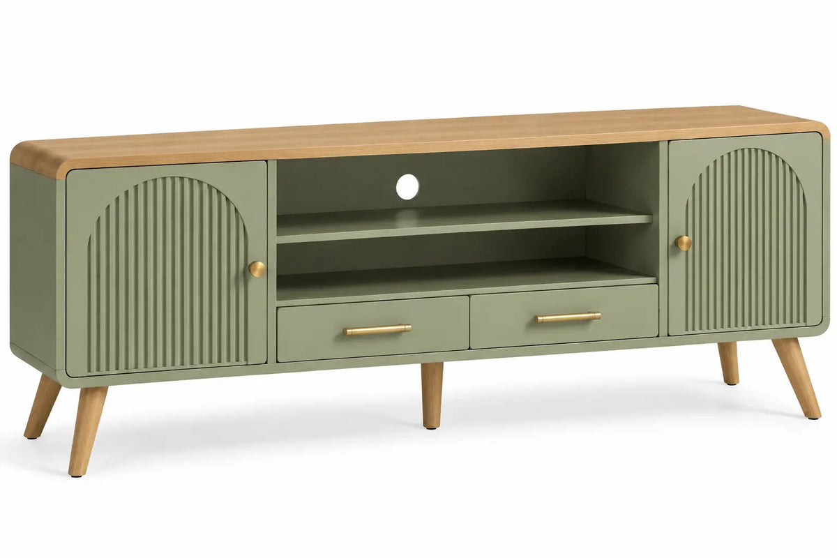 Meuble de télévision vert et beige à portes striées et tiroirs