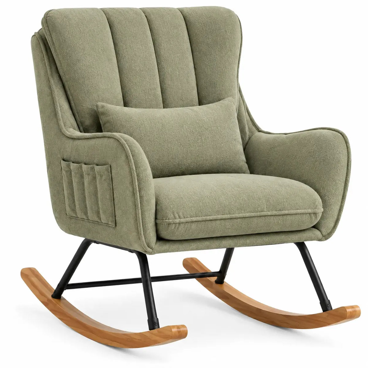 Fauteuil à bascule vert à haut dossier avec patins beiges