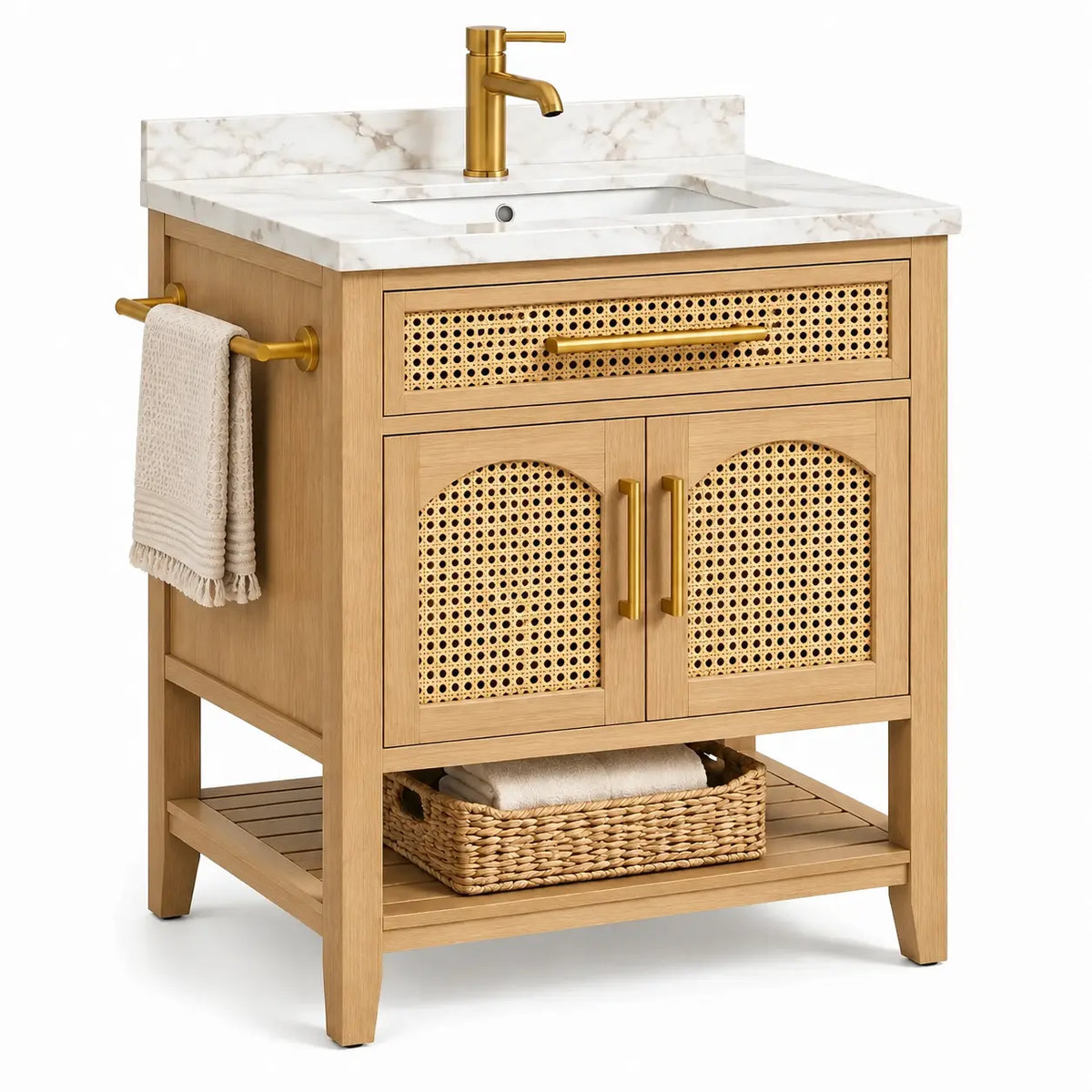 Meuble de salle de bains beige à façades ajourées et vasque blanche
