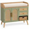 Banc de rangement vert et beige à portes ajourées et tiroirs