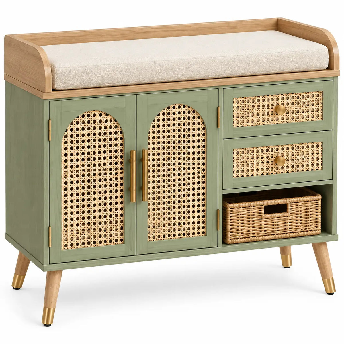 Banc de rangement vert et beige à portes ajourées et tiroirs