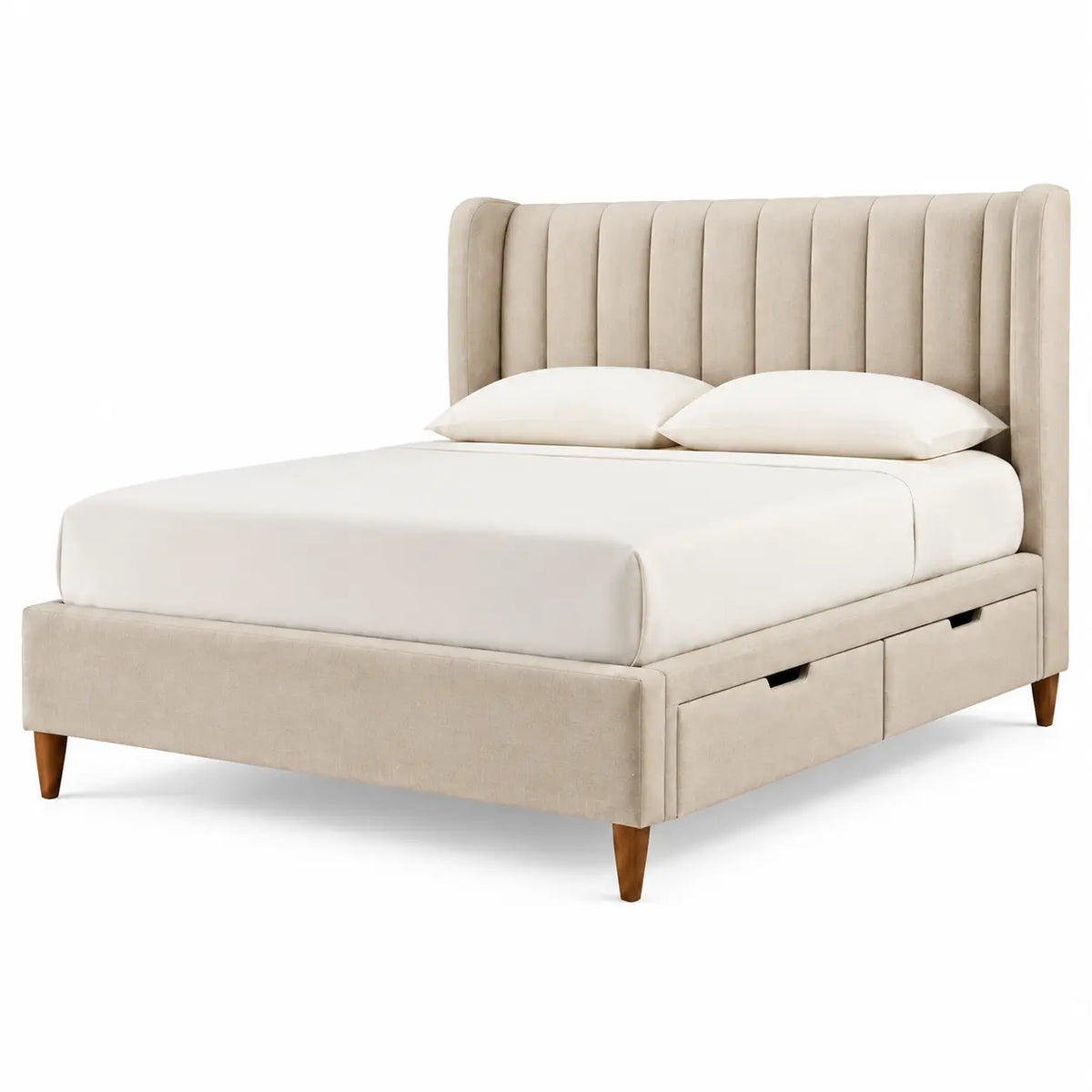 Lit beige à tête rembourrée verticale et tiroirs latéraux