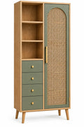 Armoire étroite verte et beige à porte ajourée, niches et quatre tiroirs