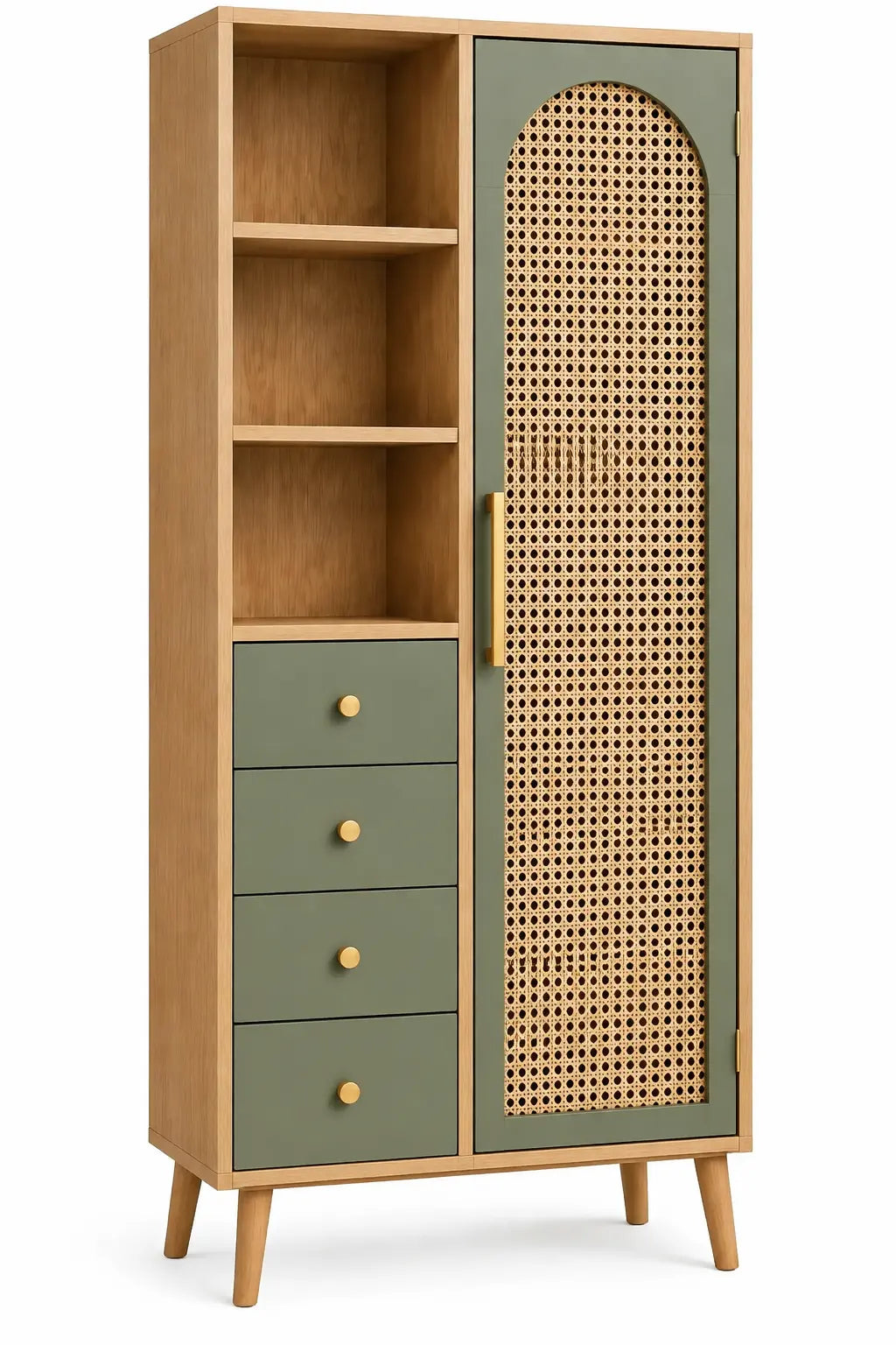 Armoire étroite verte et beige à porte ajourée, niches et quatre tiroirs