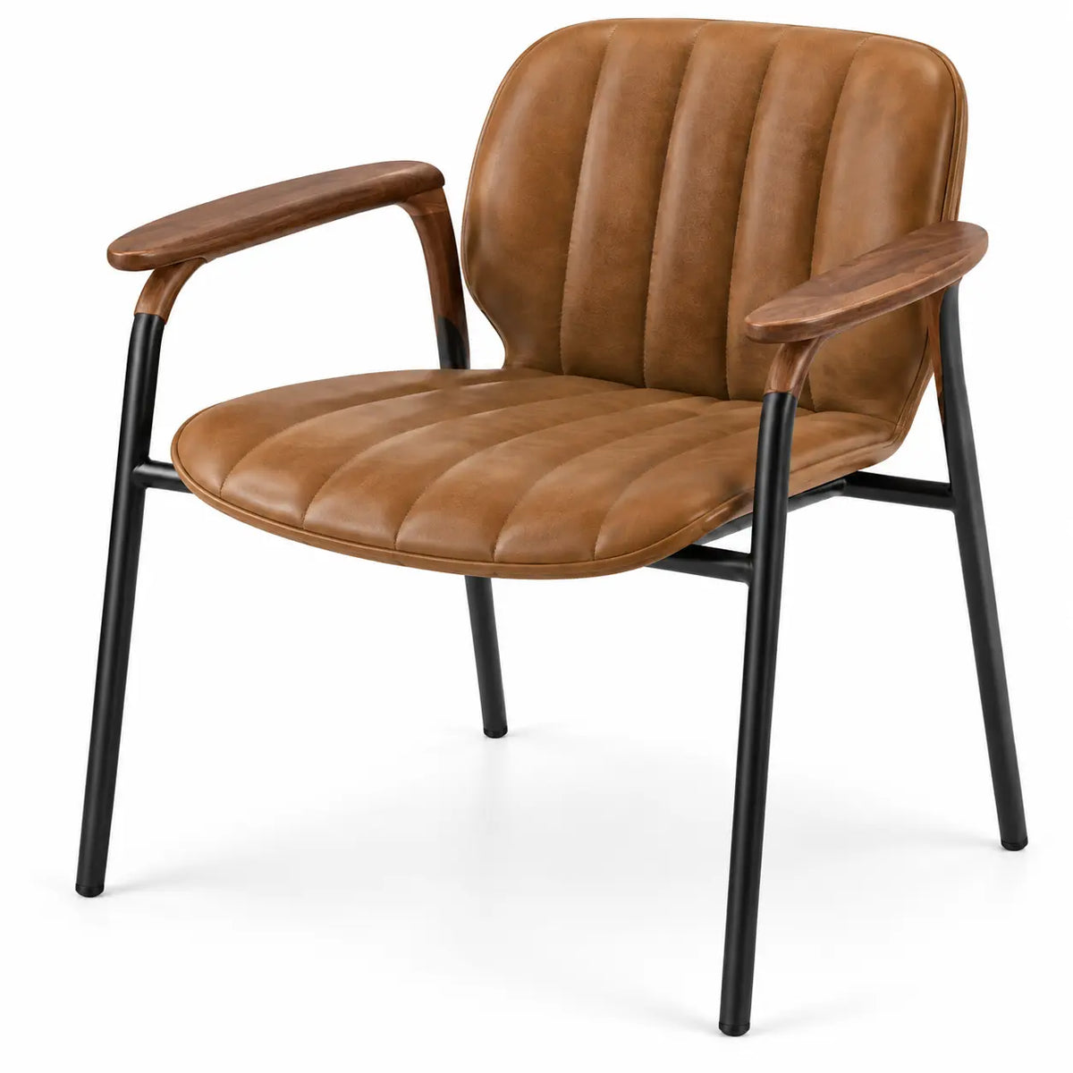 Fauteuil marron à assise nervurée et piètement noir