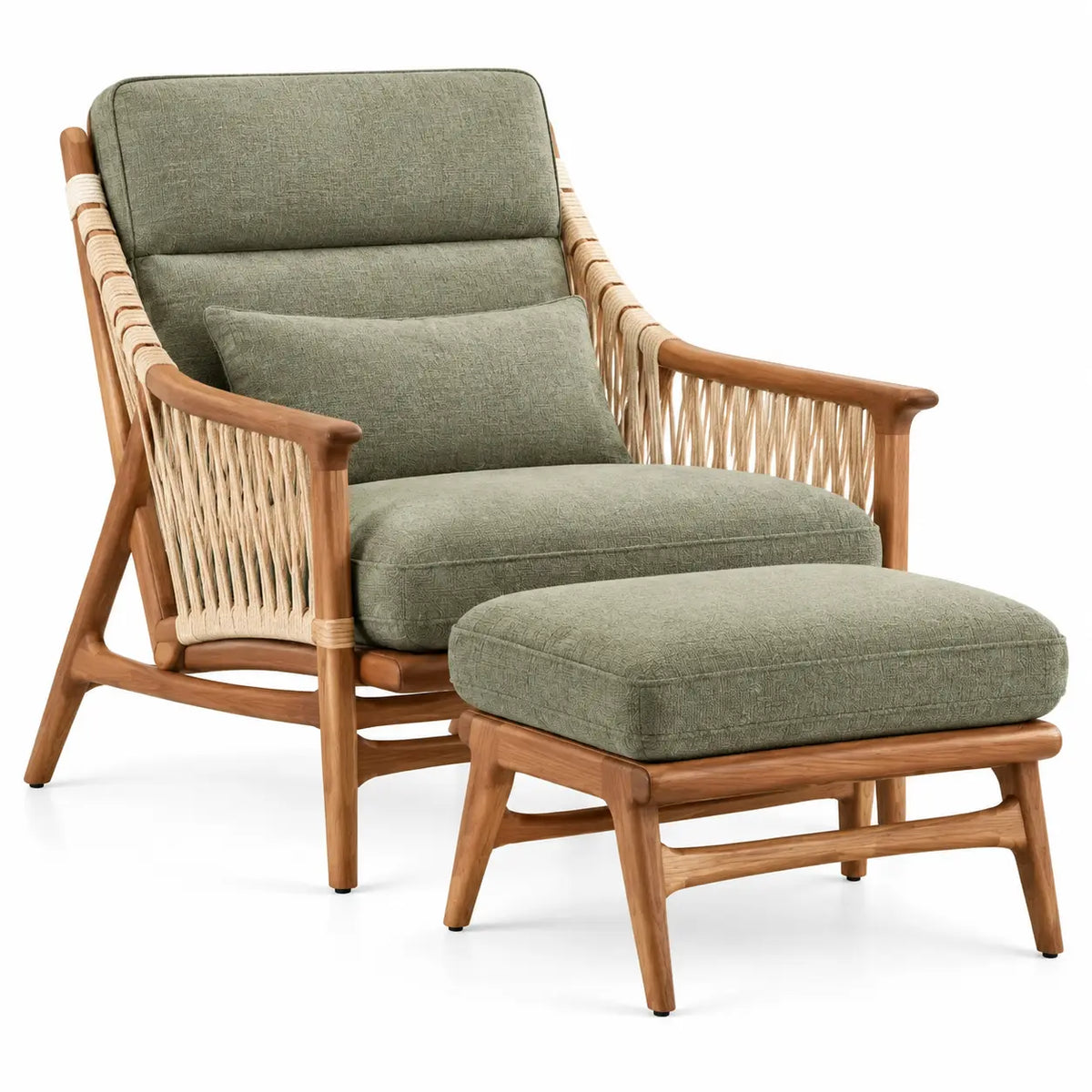 Fauteuil beige et vert à dossier ajouré avec repose-pieds