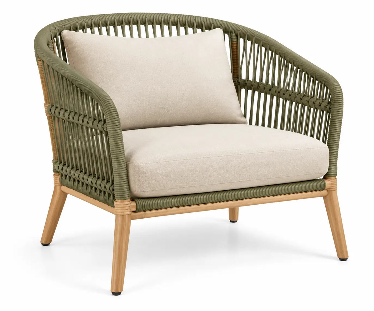 Fauteuil vert et beige à dossier ajouré enveloppant
